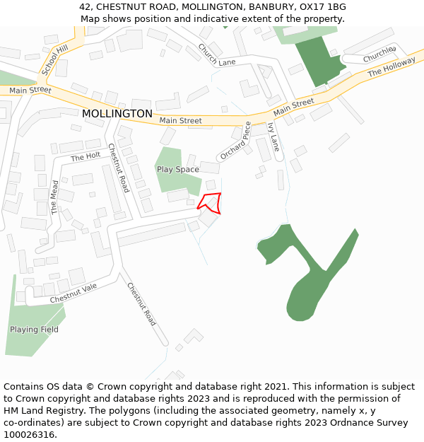 42, CHESTNUT ROAD, MOLLINGTON, BANBURY, OX17 1BG: Location map and indicative extent of plot