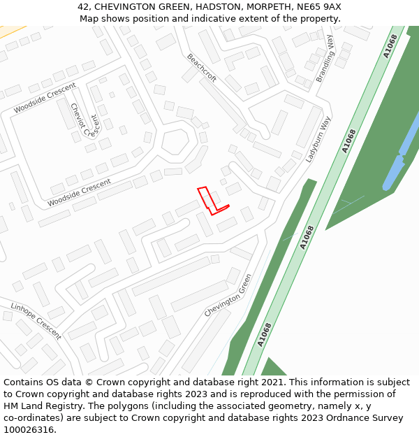 42, CHEVINGTON GREEN, HADSTON, MORPETH, NE65 9AX: Location map and indicative extent of plot