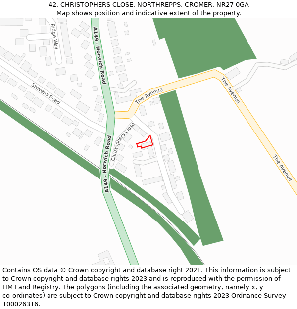 42, CHRISTOPHERS CLOSE, NORTHREPPS, CROMER, NR27 0GA: Location map and indicative extent of plot