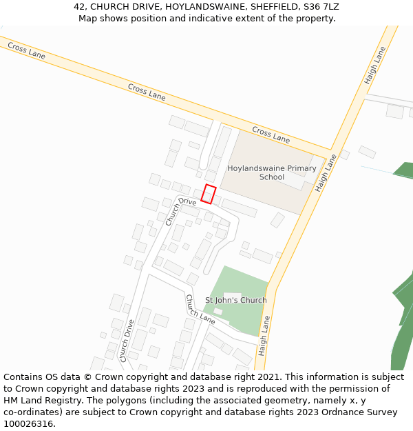 42, CHURCH DRIVE, HOYLANDSWAINE, SHEFFIELD, S36 7LZ: Location map and indicative extent of plot