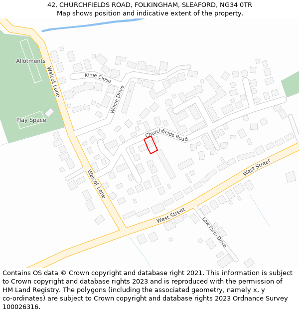 42, CHURCHFIELDS ROAD, FOLKINGHAM, SLEAFORD, NG34 0TR: Location map and indicative extent of plot