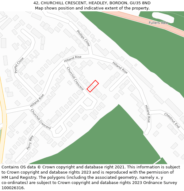 42, CHURCHILL CRESCENT, HEADLEY, BORDON, GU35 8ND: Location map and indicative extent of plot