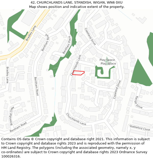 42, CHURCHLANDS LANE, STANDISH, WIGAN, WN6 0XU: Location map and indicative extent of plot