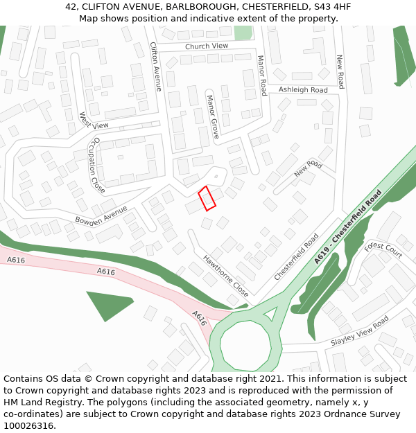 42, CLIFTON AVENUE, BARLBOROUGH, CHESTERFIELD, S43 4HF: Location map and indicative extent of plot