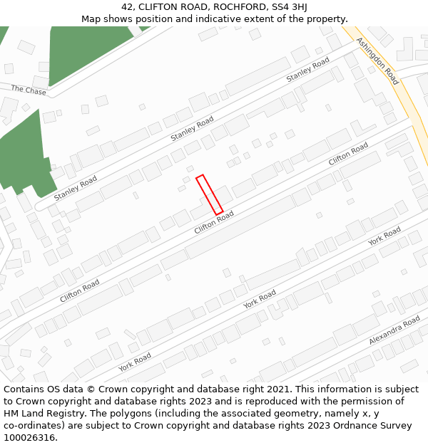 42, CLIFTON ROAD, ROCHFORD, SS4 3HJ: Location map and indicative extent of plot