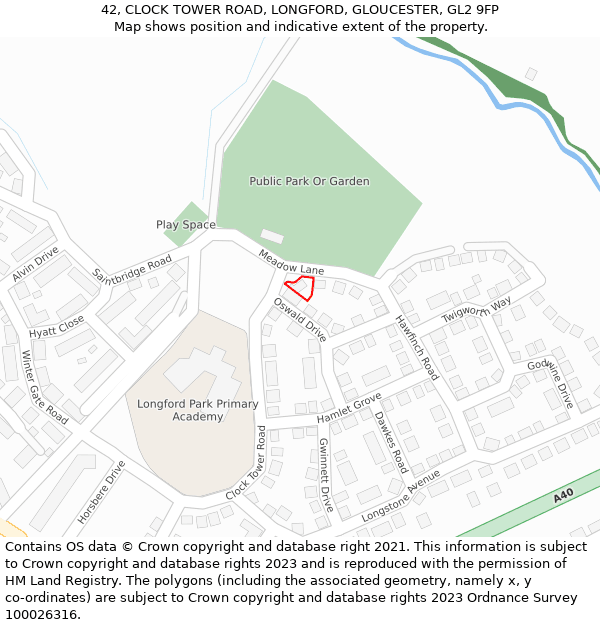 42, CLOCK TOWER ROAD, LONGFORD, GLOUCESTER, GL2 9FP: Location map and indicative extent of plot