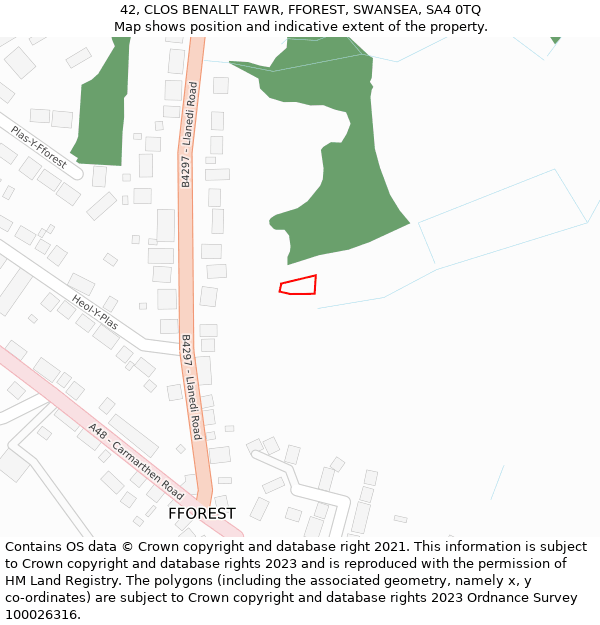 42, CLOS BENALLT FAWR, FFOREST, SWANSEA, SA4 0TQ: Location map and indicative extent of plot