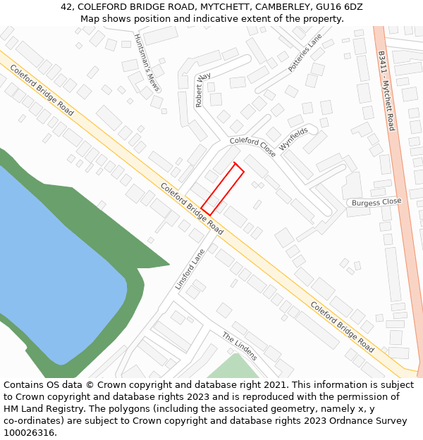 42, COLEFORD BRIDGE ROAD, MYTCHETT, CAMBERLEY, GU16 6DZ: Location map and indicative extent of plot