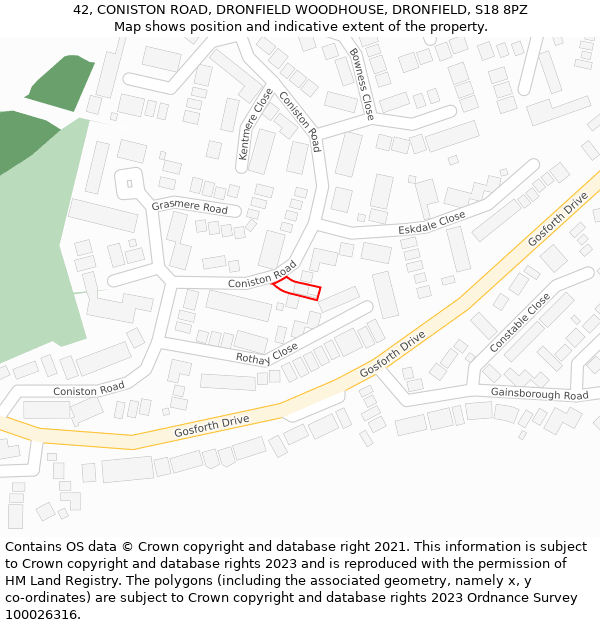 42, CONISTON ROAD, DRONFIELD WOODHOUSE, DRONFIELD, S18 8PZ: Location map and indicative extent of plot