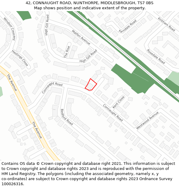 42, CONNAUGHT ROAD, NUNTHORPE, MIDDLESBROUGH, TS7 0BS: Location map and indicative extent of plot