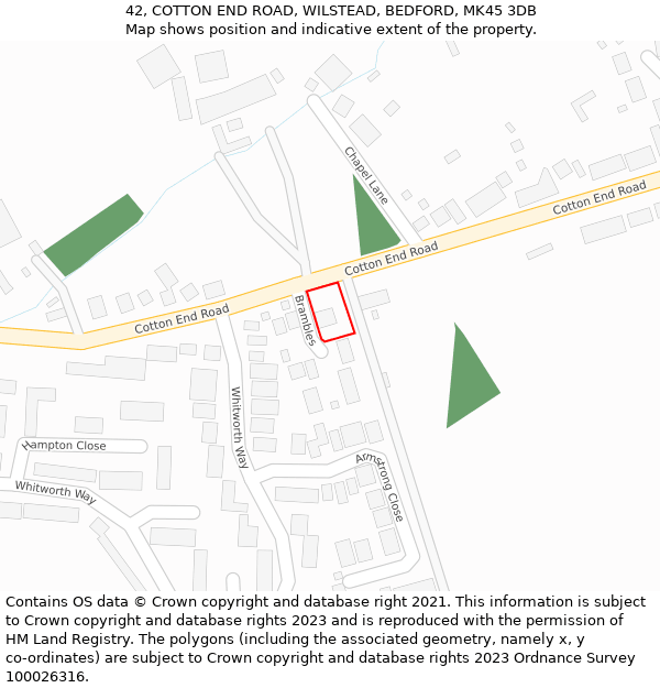 42, COTTON END ROAD, WILSTEAD, BEDFORD, MK45 3DB: Location map and indicative extent of plot