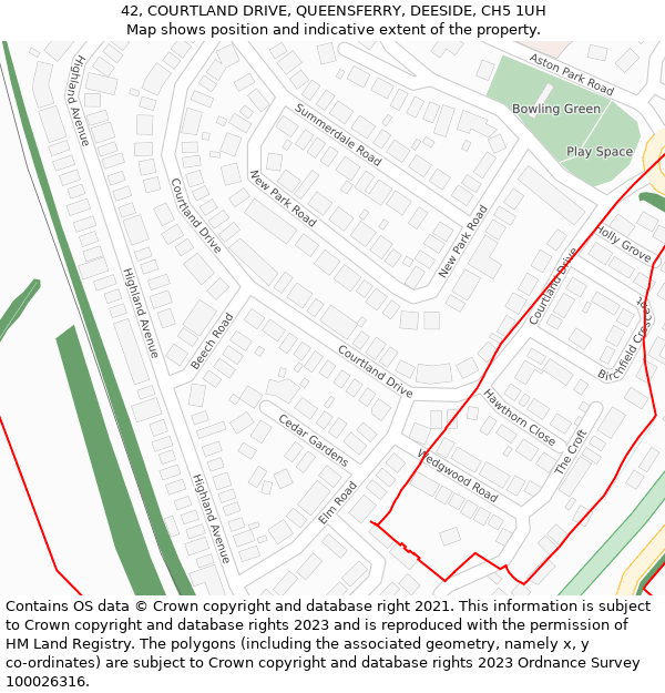 42, COURTLAND DRIVE, QUEENSFERRY, DEESIDE, CH5 1UH: Location map and indicative extent of plot