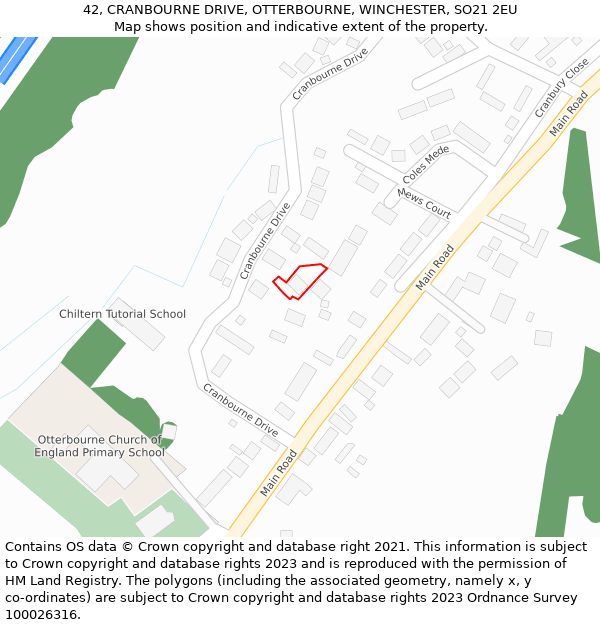 42, CRANBOURNE DRIVE, OTTERBOURNE, WINCHESTER, SO21 2EU: Location map and indicative extent of plot