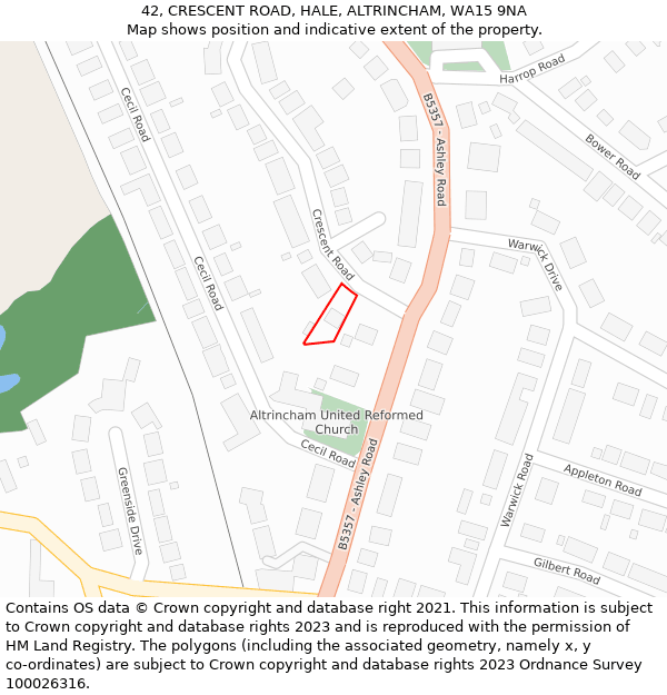 42, CRESCENT ROAD, HALE, ALTRINCHAM, WA15 9NA: Location map and indicative extent of plot