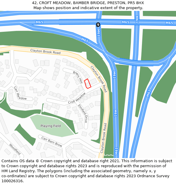 42, CROFT MEADOW, BAMBER BRIDGE, PRESTON, PR5 8HX: Location map and indicative extent of plot