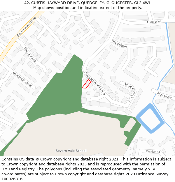 42, CURTIS HAYWARD DRIVE, QUEDGELEY, GLOUCESTER, GL2 4WL: Location map and indicative extent of plot