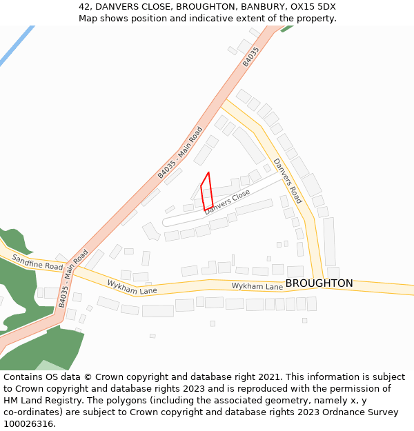 42, DANVERS CLOSE, BROUGHTON, BANBURY, OX15 5DX: Location map and indicative extent of plot