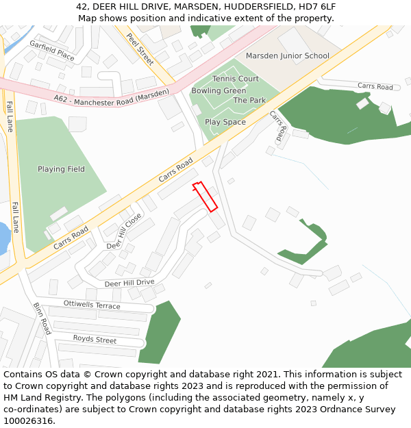 42, DEER HILL DRIVE, MARSDEN, HUDDERSFIELD, HD7 6LF: Location map and indicative extent of plot