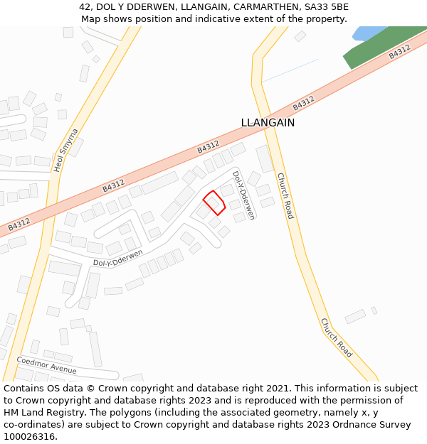 42, DOL Y DDERWEN, LLANGAIN, CARMARTHEN, SA33 5BE: Location map and indicative extent of plot