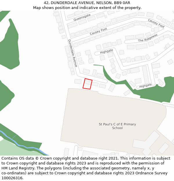 42, DUNDERDALE AVENUE, NELSON, BB9 0AR: Location map and indicative extent of plot