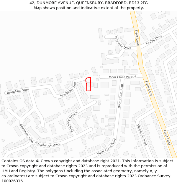 42, DUNMORE AVENUE, QUEENSBURY, BRADFORD, BD13 2FG: Location map and indicative extent of plot