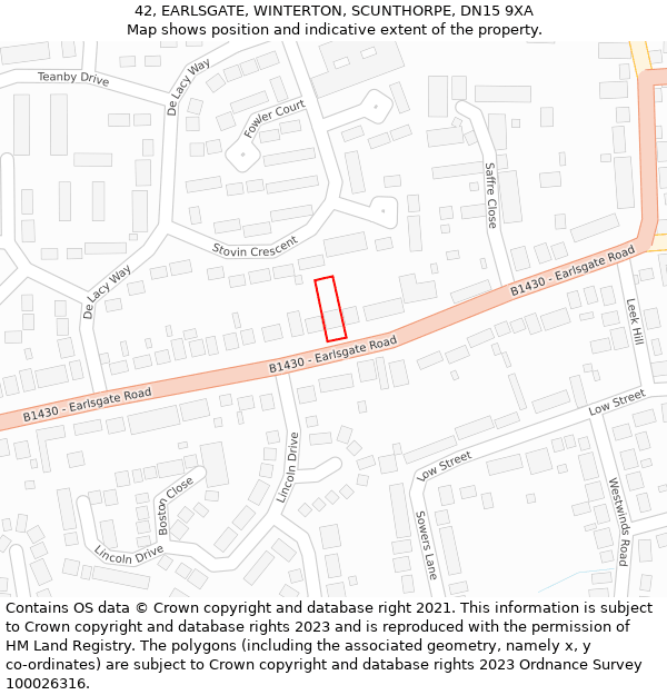 42, EARLSGATE, WINTERTON, SCUNTHORPE, DN15 9XA: Location map and indicative extent of plot