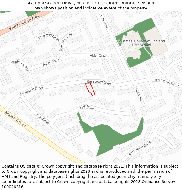 42, EARLSWOOD DRIVE, ALDERHOLT, FORDINGBRIDGE, SP6 3EN: Location map and indicative extent of plot