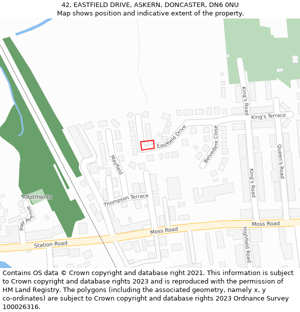 42, EASTFIELD DRIVE, ASKERN, DONCASTER, DN6 0NU: Location map and indicative extent of plot