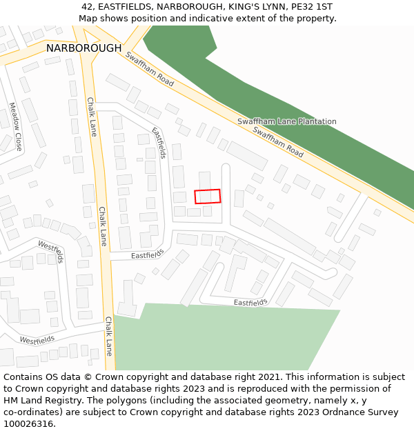 42, EASTFIELDS, NARBOROUGH, KING'S LYNN, PE32 1ST: Location map and indicative extent of plot