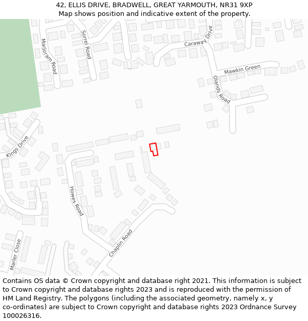 42, ELLIS DRIVE, BRADWELL, GREAT YARMOUTH, NR31 9XP: Location map and indicative extent of plot