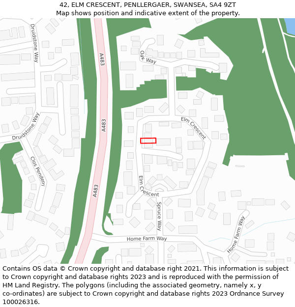 42, ELM CRESCENT, PENLLERGAER, SWANSEA, SA4 9ZT: Location map and indicative extent of plot