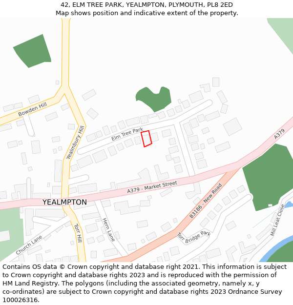 42, ELM TREE PARK, YEALMPTON, PLYMOUTH, PL8 2ED: Location map and indicative extent of plot