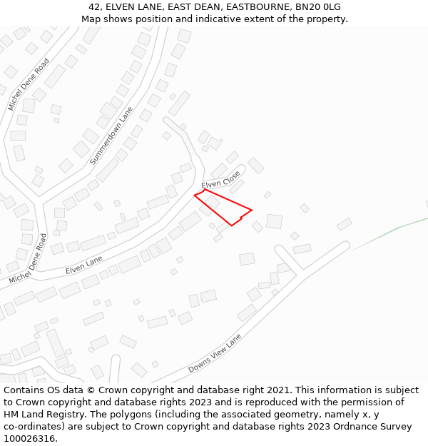 42, ELVEN LANE, EAST DEAN, EASTBOURNE, BN20 0LG: Location map and indicative extent of plot