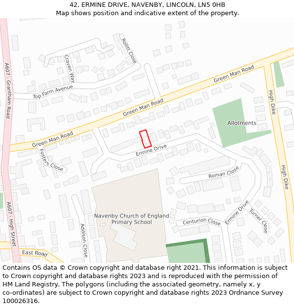 42, ERMINE DRIVE, NAVENBY, LINCOLN, LN5 0HB: Location map and indicative extent of plot