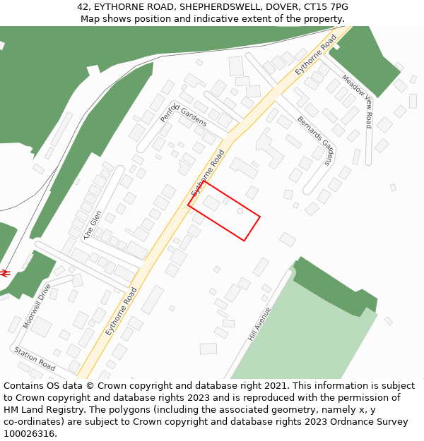 42, EYTHORNE ROAD, SHEPHERDSWELL, DOVER, CT15 7PG: Location map and indicative extent of plot