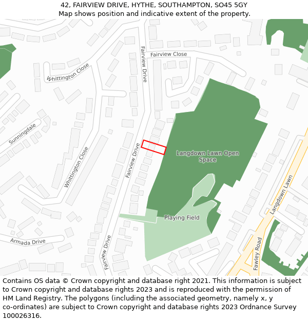 42, FAIRVIEW DRIVE, HYTHE, SOUTHAMPTON, SO45 5GY: Location map and indicative extent of plot