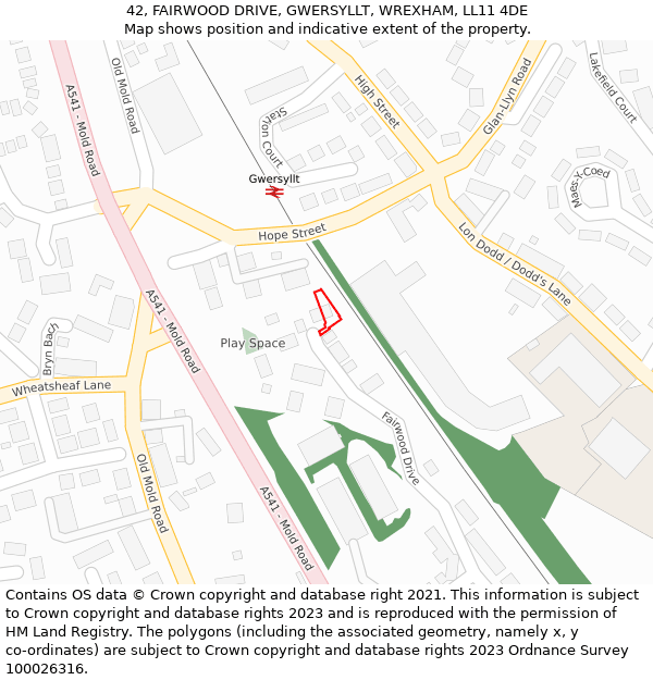 42, FAIRWOOD DRIVE, GWERSYLLT, WREXHAM, LL11 4DE: Location map and indicative extent of plot