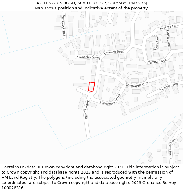 42, FENWICK ROAD, SCARTHO TOP, GRIMSBY, DN33 3SJ: Location map and indicative extent of plot