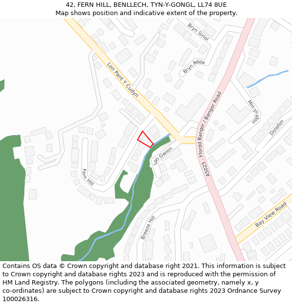 42, FERN HILL, BENLLECH, TYN-Y-GONGL, LL74 8UE: Location map and indicative extent of plot