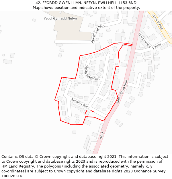 42, FFORDD GWENLLIAN, NEFYN, PWLLHELI, LL53 6ND: Location map and indicative extent of plot