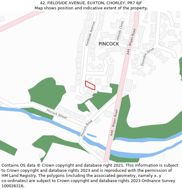 42, FIELDSIDE AVENUE, EUXTON, CHORLEY, PR7 6JF: Location map and indicative extent of plot