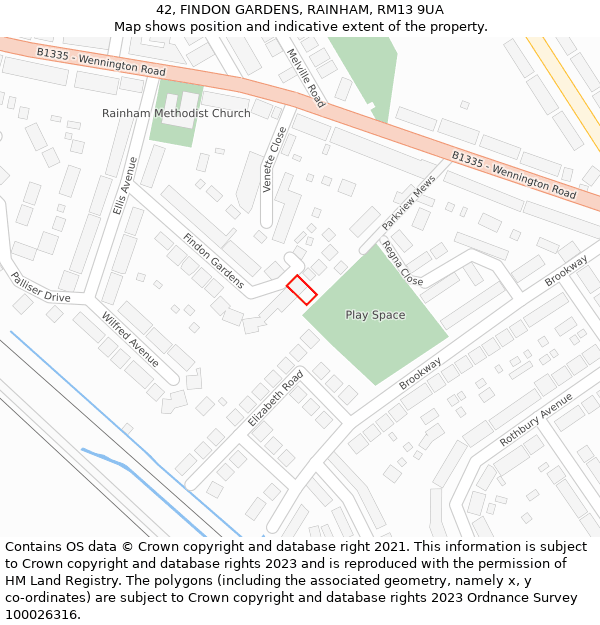 42, FINDON GARDENS, RAINHAM, RM13 9UA: Location map and indicative extent of plot