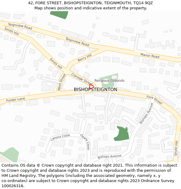 42, FORE STREET, BISHOPSTEIGNTON, TEIGNMOUTH, TQ14 9QZ: Location map and indicative extent of plot