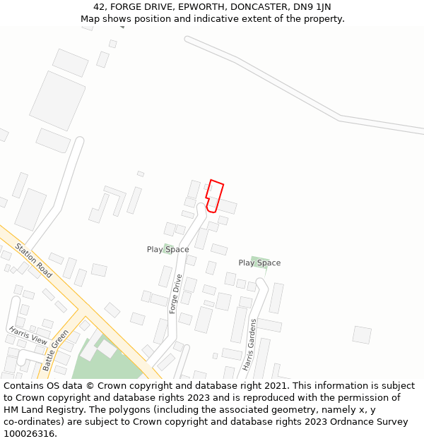 42, FORGE DRIVE, EPWORTH, DONCASTER, DN9 1JN: Location map and indicative extent of plot