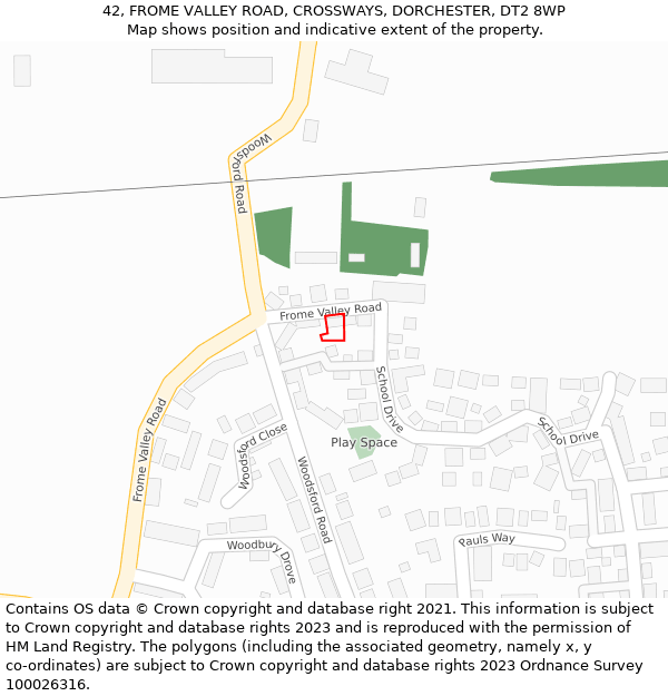 42, FROME VALLEY ROAD, CROSSWAYS, DORCHESTER, DT2 8WP: Location map and indicative extent of plot