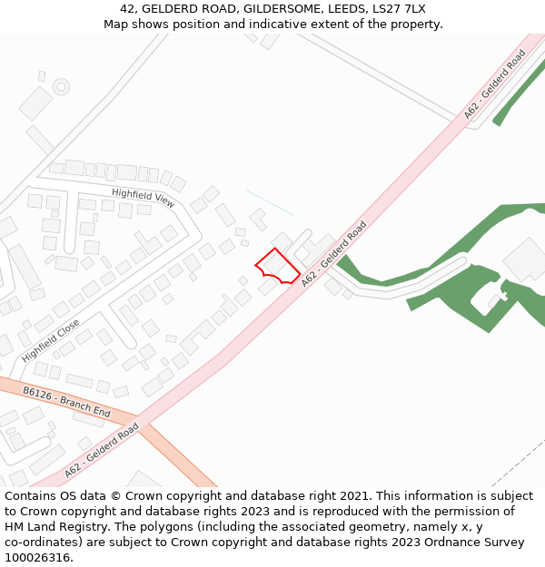 42, GELDERD ROAD, GILDERSOME, LEEDS, LS27 7LX: Location map and indicative extent of plot