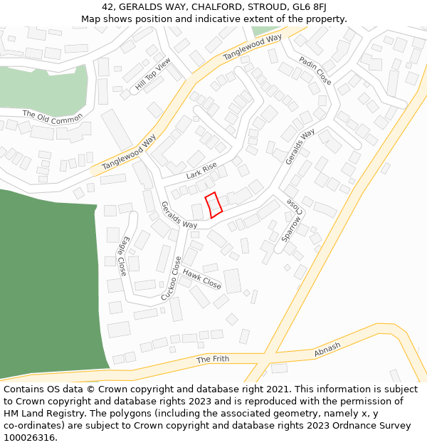 42, GERALDS WAY, CHALFORD, STROUD, GL6 8FJ: Location map and indicative extent of plot