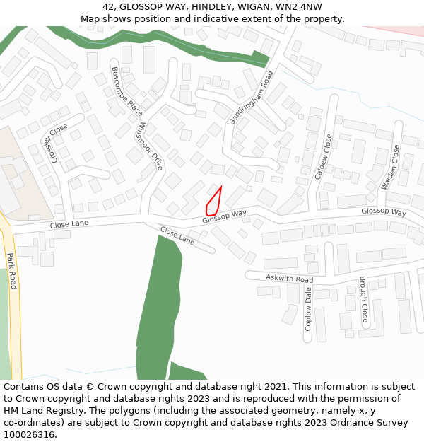 42, GLOSSOP WAY, HINDLEY, WIGAN, WN2 4NW: Location map and indicative extent of plot