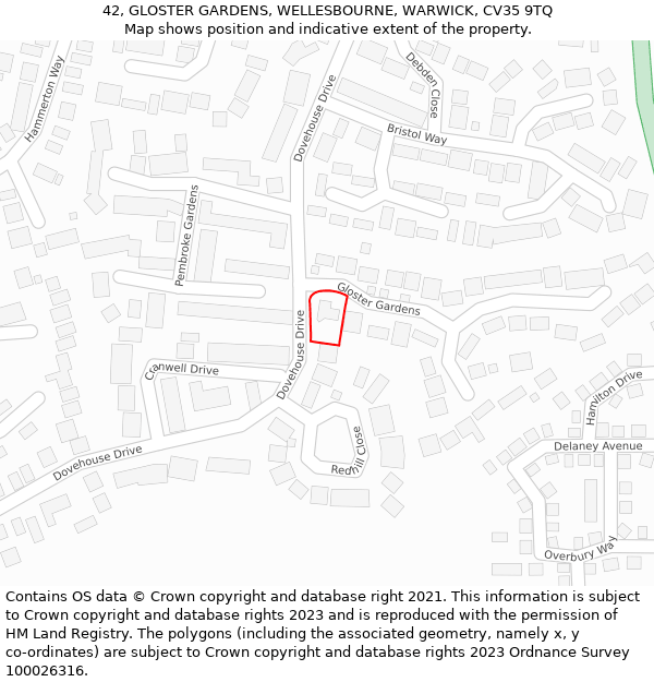 42, GLOSTER GARDENS, WELLESBOURNE, WARWICK, CV35 9TQ: Location map and indicative extent of plot