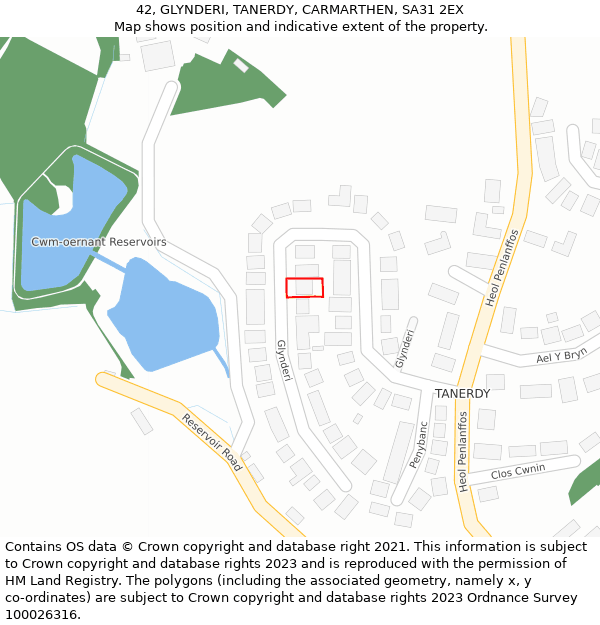 42, GLYNDERI, TANERDY, CARMARTHEN, SA31 2EX: Location map and indicative extent of plot